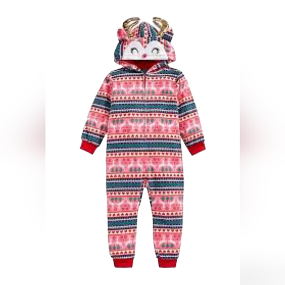 -Max & Olivia Big Girls' One Piece Reindeer Hooded Pajama Costume Dress up L